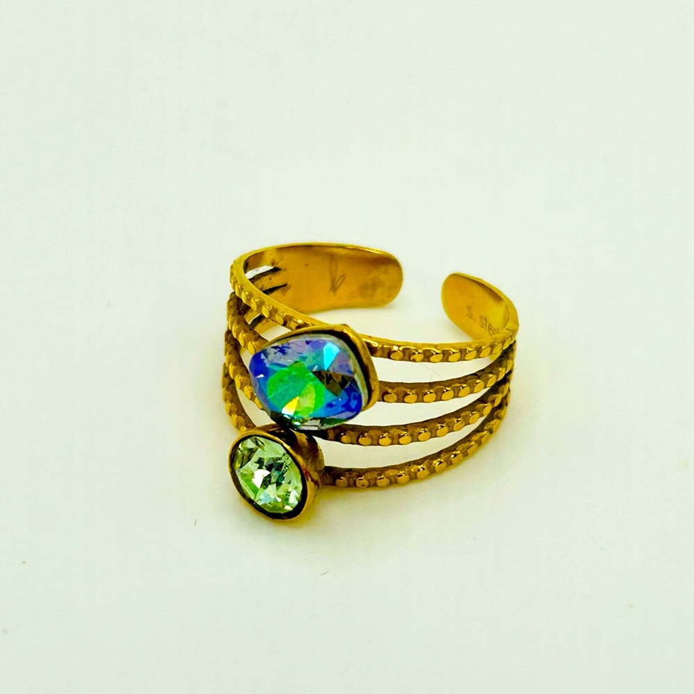 💙💚 Adjustable Gold Tone Stainless Steel Ring with Iridescent Stones